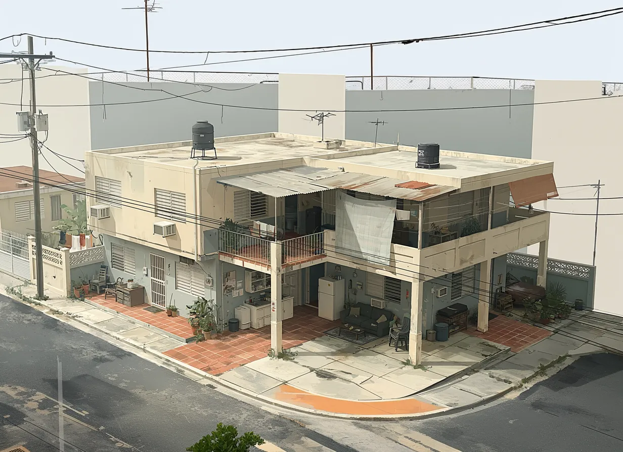 Ilustración de una casa de esquina de dos plantas en Puerto Rico: rejas ornamentales, losas de terracota, cisternas de agua en el techo y cables eléctricos cruzando la calle
