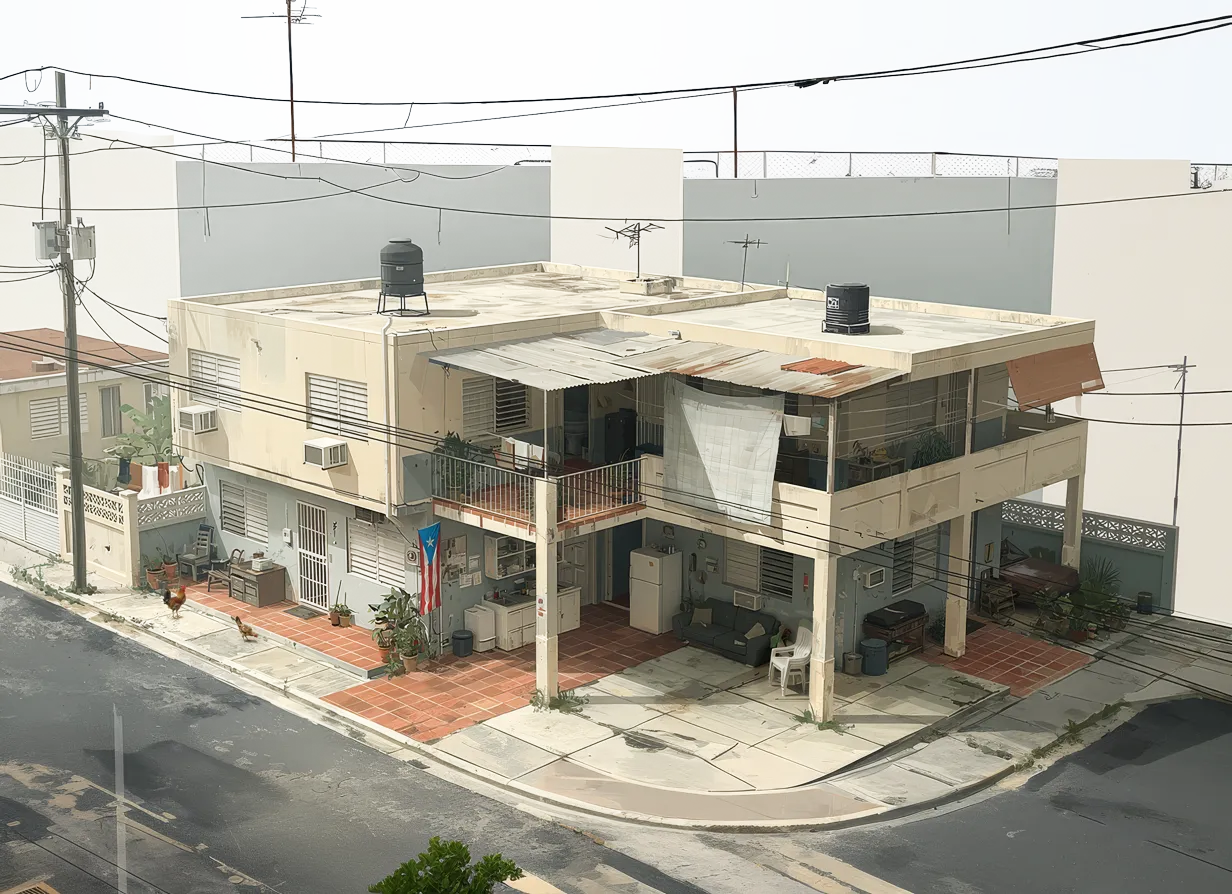 Ilustración de una casa de esquina de dos plantas en Puerto Rico: rejas ornamentales, losas de terracota, cisternas de agua en el techo y cables eléctricos cruzando la calle